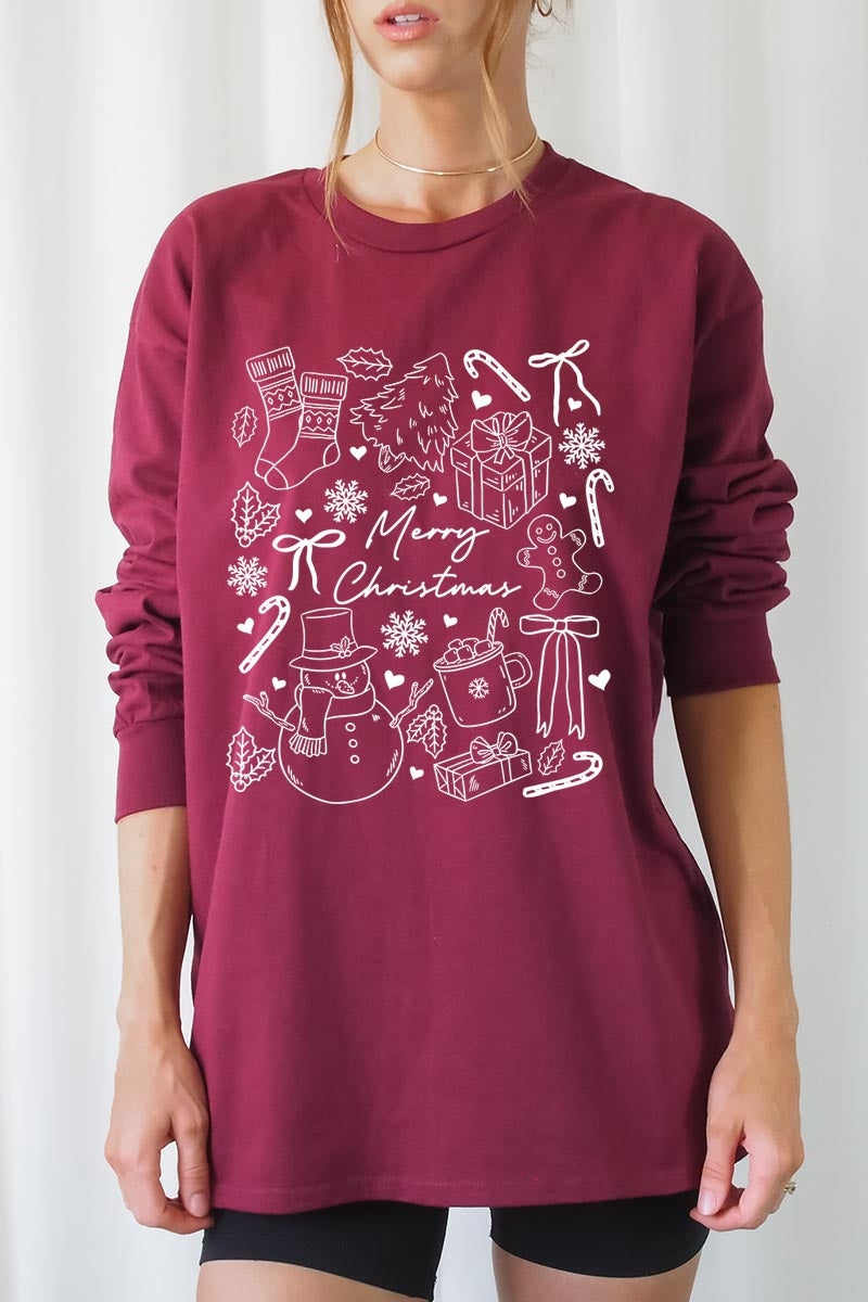 UL240P-E3181 Christmas Doodle Graphic Plus Long Sleeve Tee $17