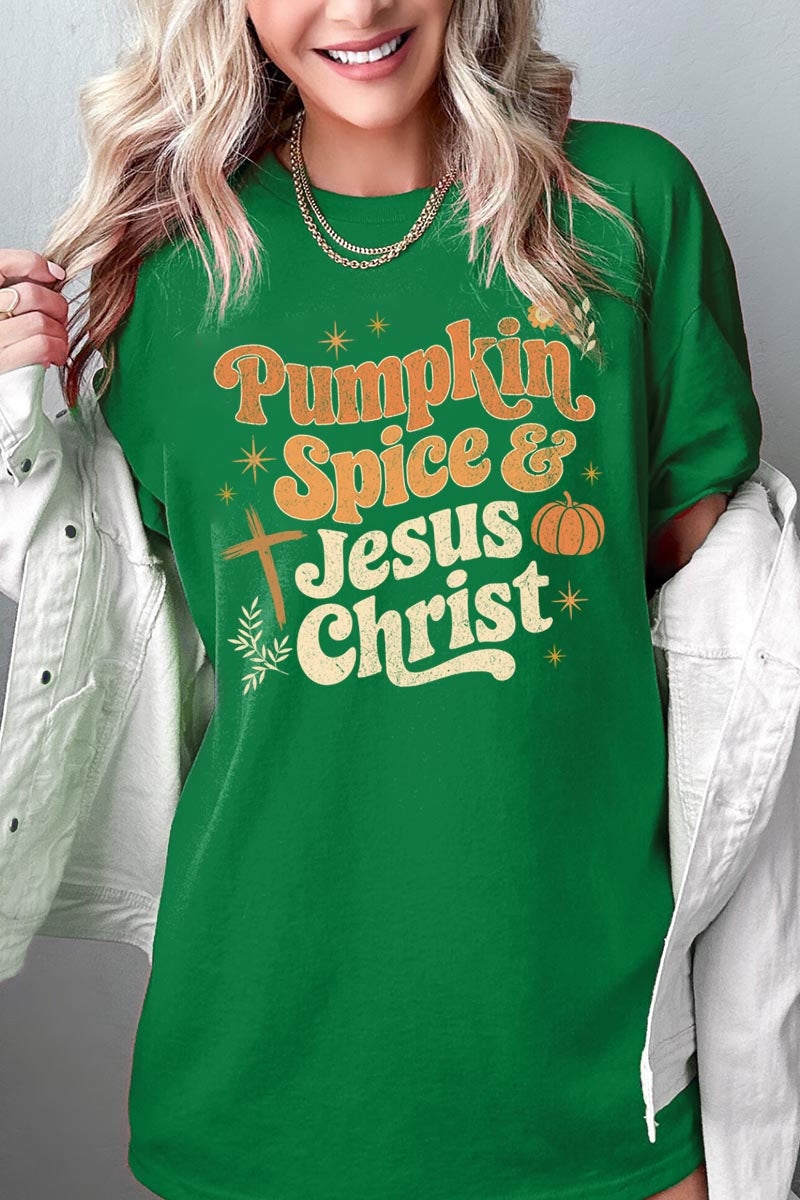 5000-E3164 Pumpkin Spice & Jesus Graphic Heavy Cotton Tee $9