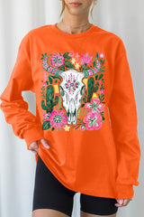 UL240P-E3086 Western Floral Cow Skull Graphic Plus Long Sleeve Tee $17