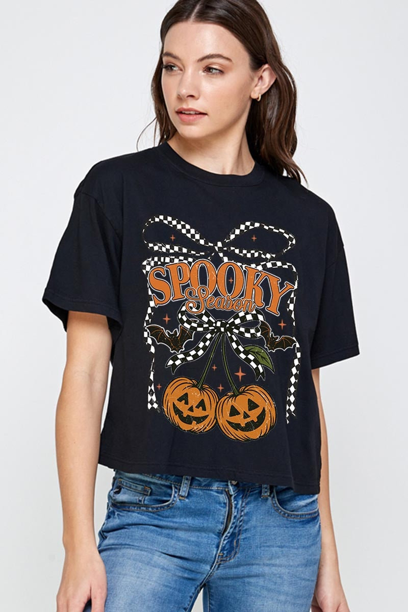 CTS-E3085 Pumpkin Cherries Graphic Relaxed Crop Top $11