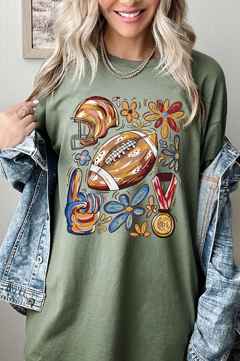 5000-E3072 Retro Floral Football Graphic Heavy Cotton Tee $9