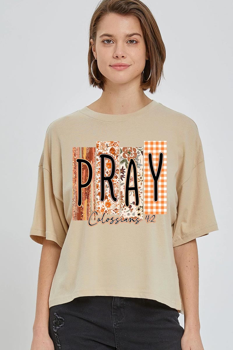 CTS-E3166 Pray Fall Christian Graphic Relaxed Crop Top $11