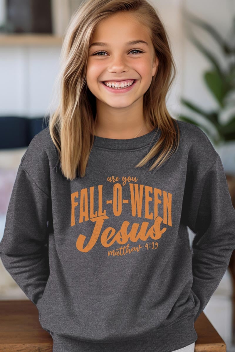 UL180B-E3143Z Are You Fall O Ween Jesus Kids Graphic Sweatshirt $20