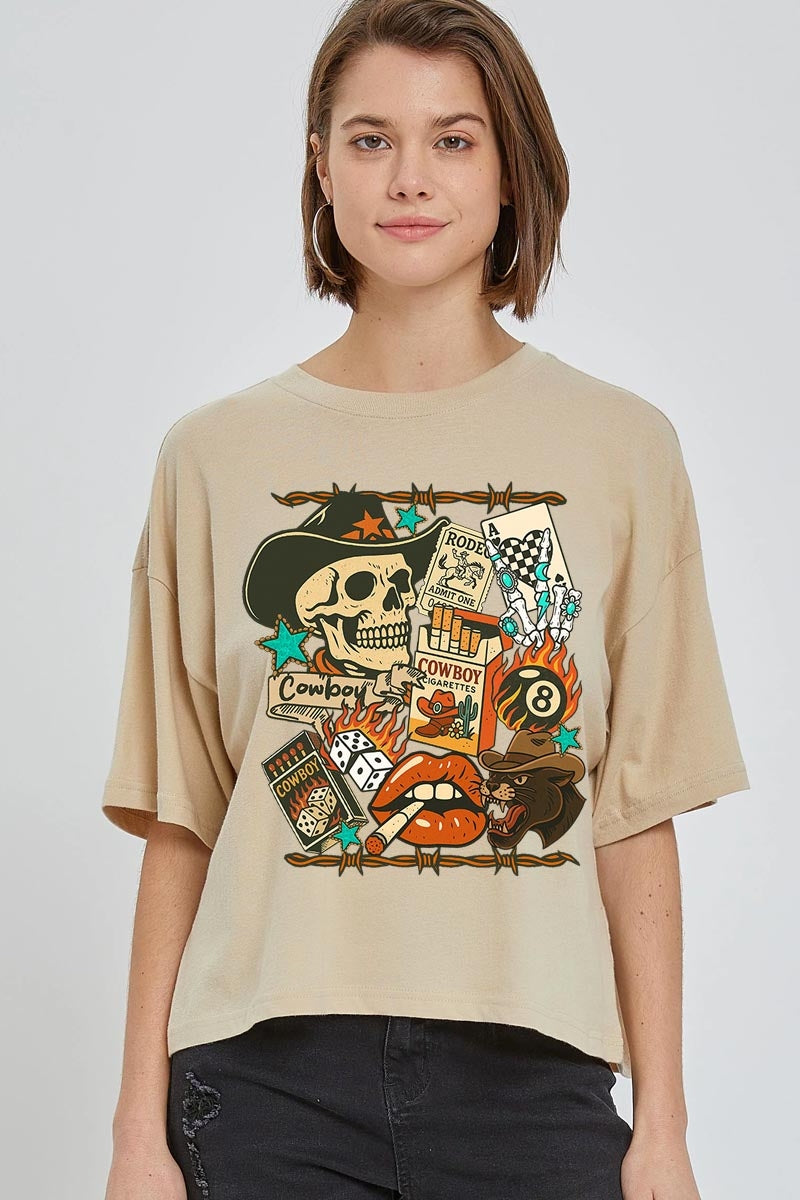 CTS-E3096 Vintage Western Collage Graphic Relaxed Crop Top $11