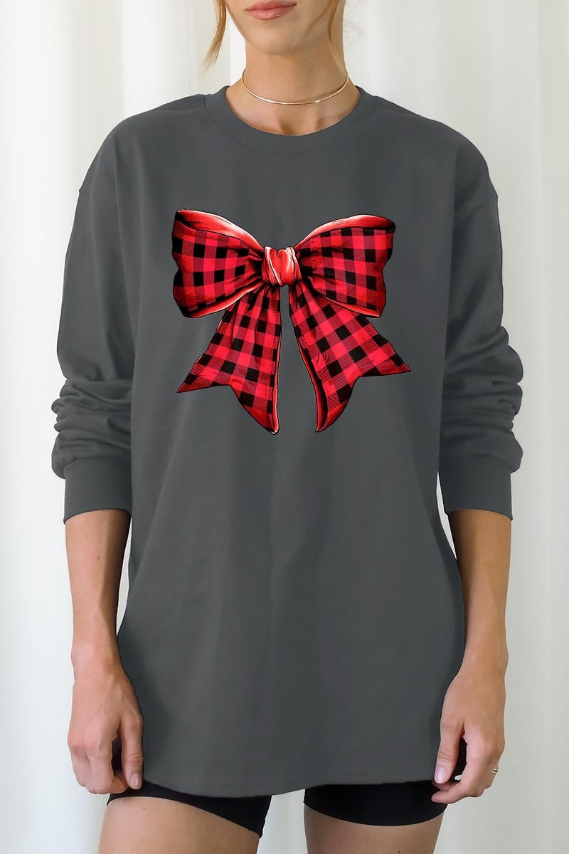 UL240-E3198 Red Buffalo Plaid Bow Graphic Long Sleeve Tee $13.75