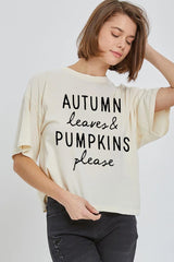 CTS-E3158 Autumn Leaves Pumpkins Graphic Relaxed Crop Top $11
