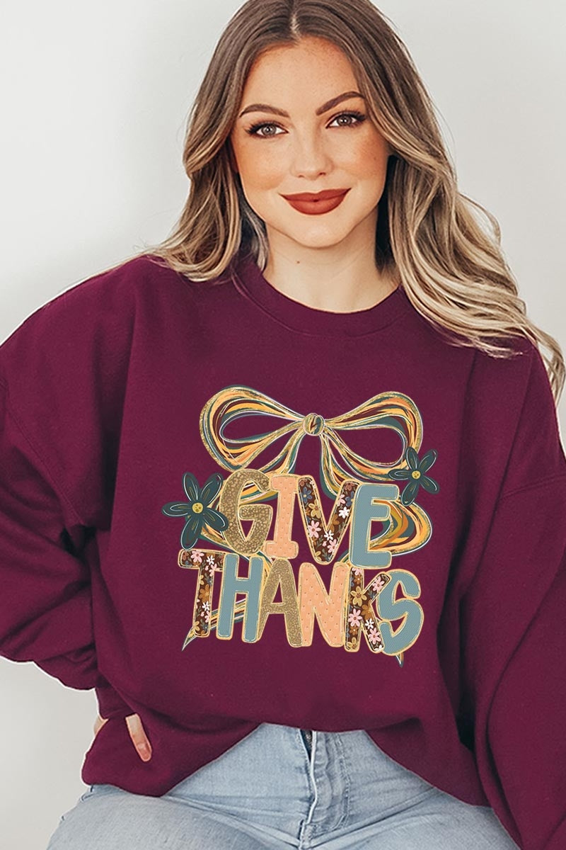 UL180P-E3154 Give Thanks Bow Graphic Plus Sweatshirt $25