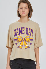 CTS-E3063 Purple Game Day Football Bow Graphic Crop Top $11