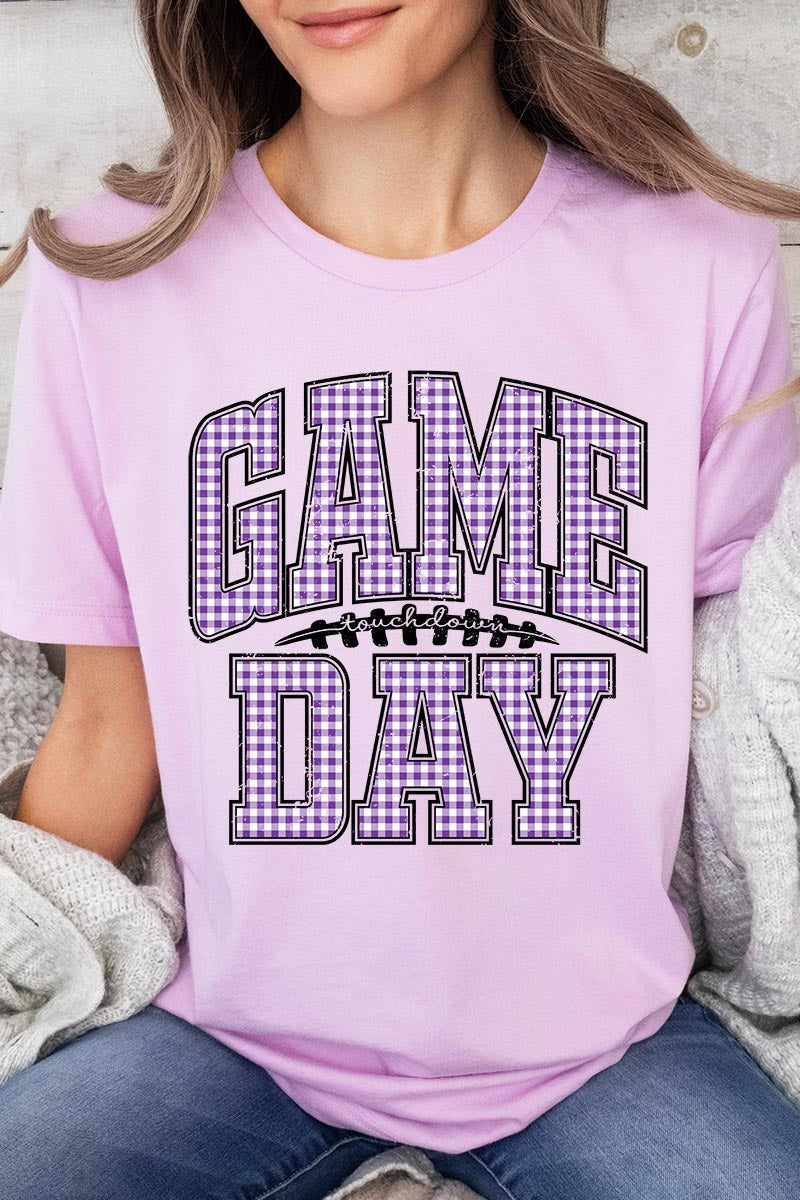 US3001-E3127 Purple Gingham Game Day Graphic Tee $12.5