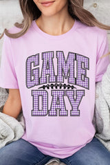 US3001-E3127 Purple Gingham Game Day Graphic Tee $12.5