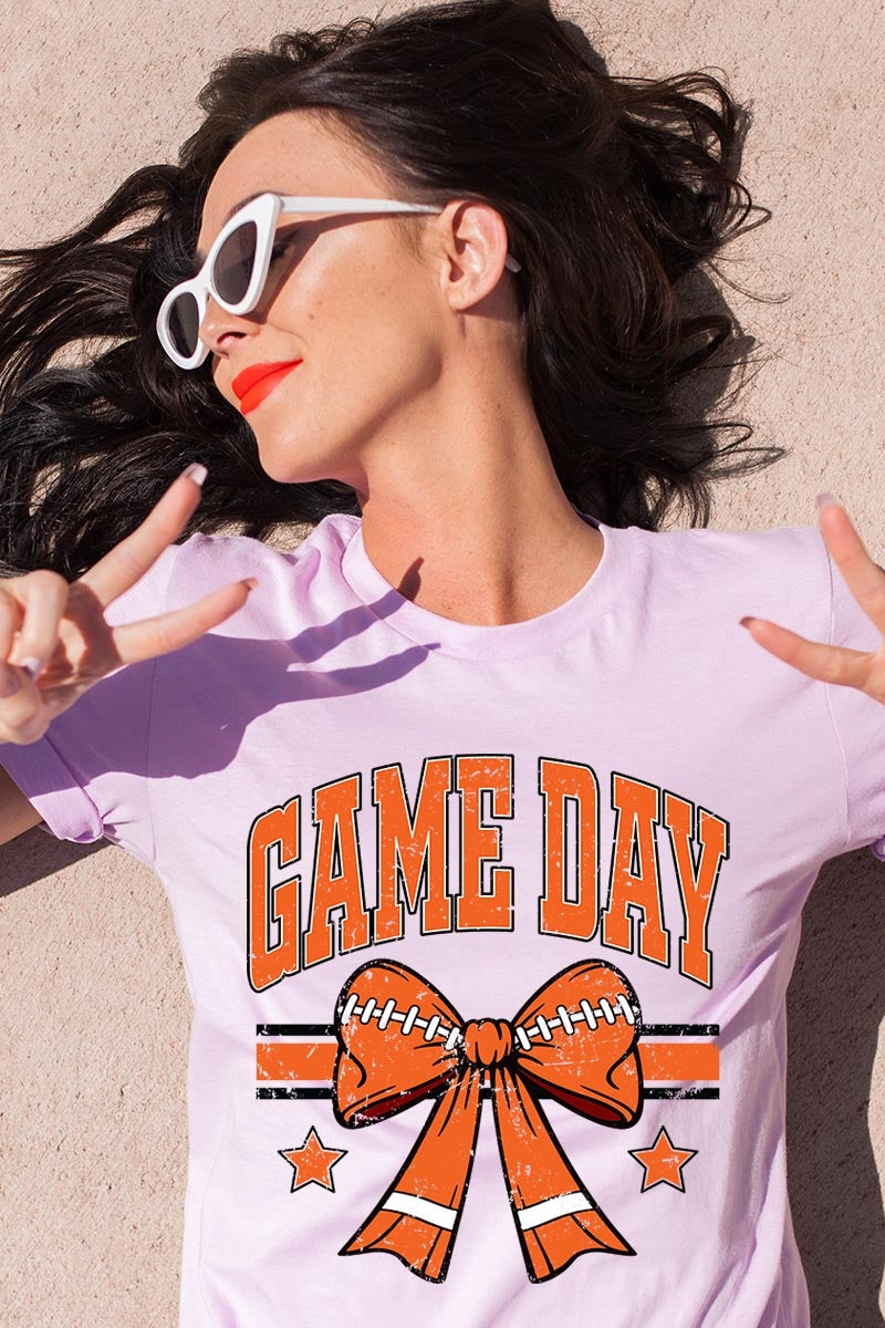 US3001P-E3064 Orange Game Day Football Bow Graphic Plus Tee $16