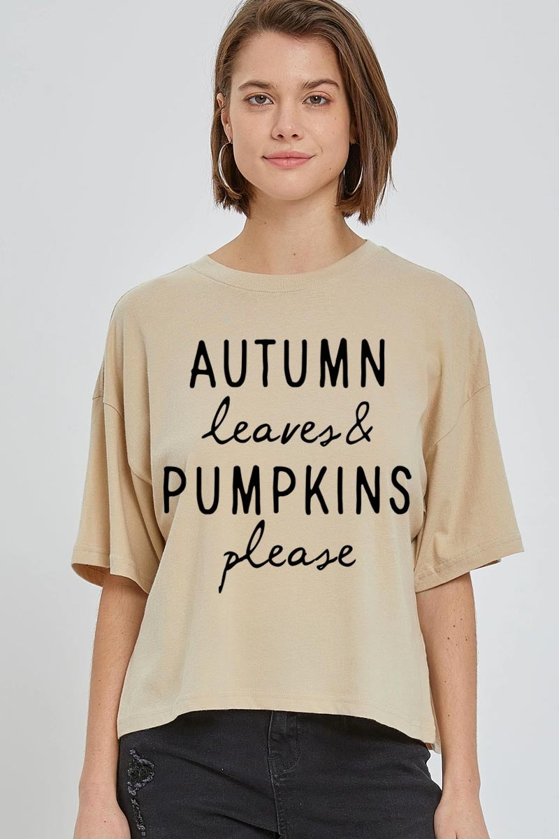 CTS-E3158 Autumn Leaves Pumpkins Graphic Relaxed Crop Top $11