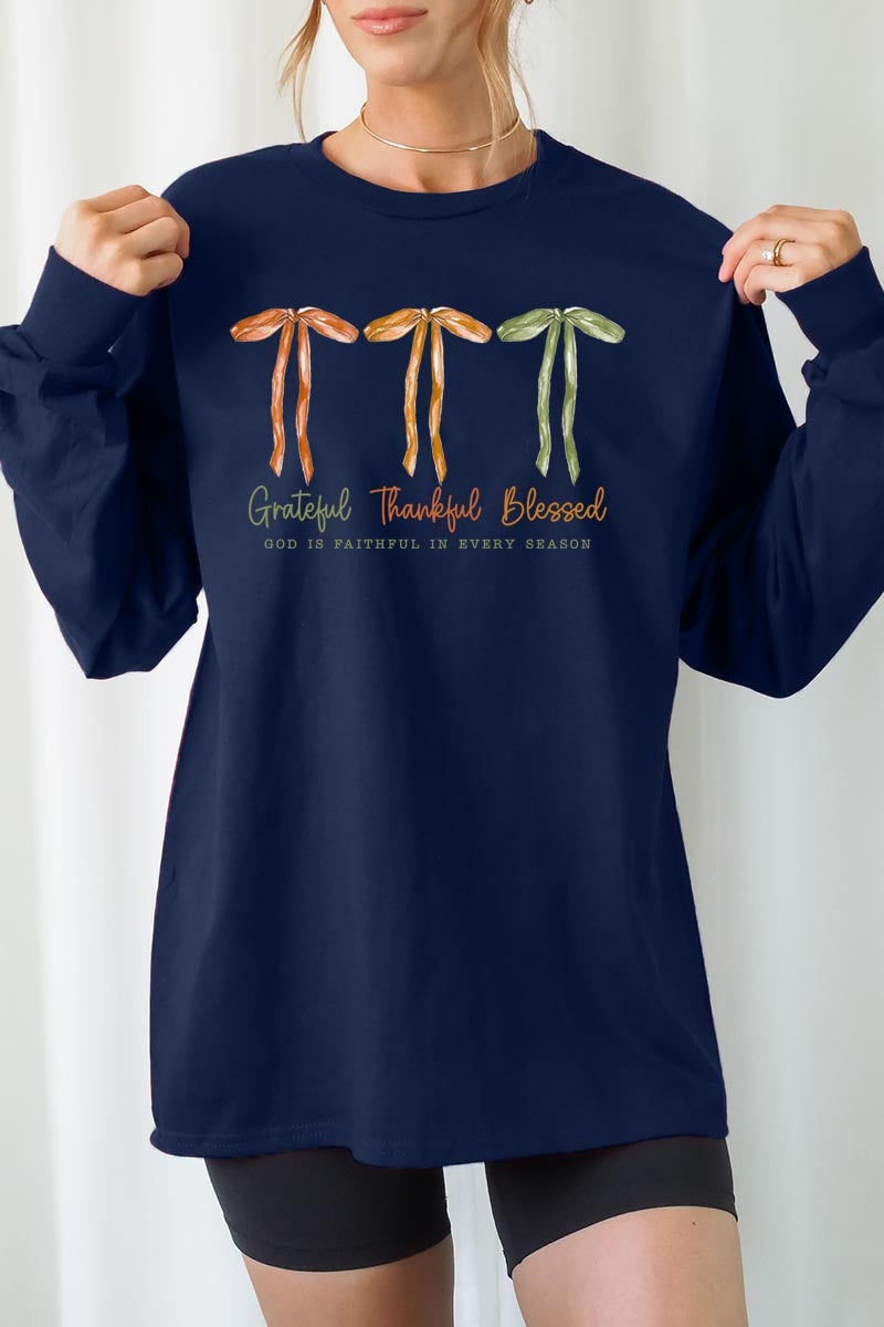 UL240-E3111 Grateful Thankful Blessed Graphic Long Sleeve Tee $13.75