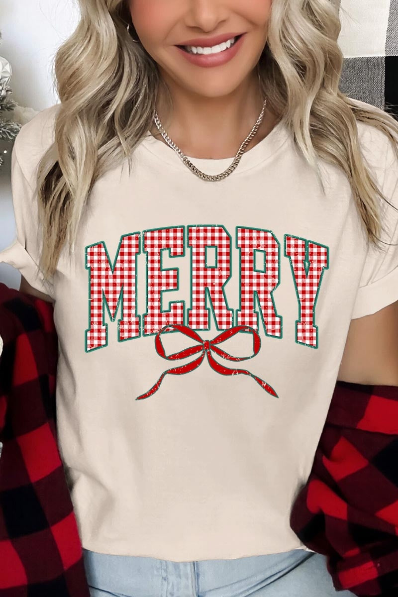 US3001-E3206 Plaid Merry Christmas Bow Graphic Tee $12.5