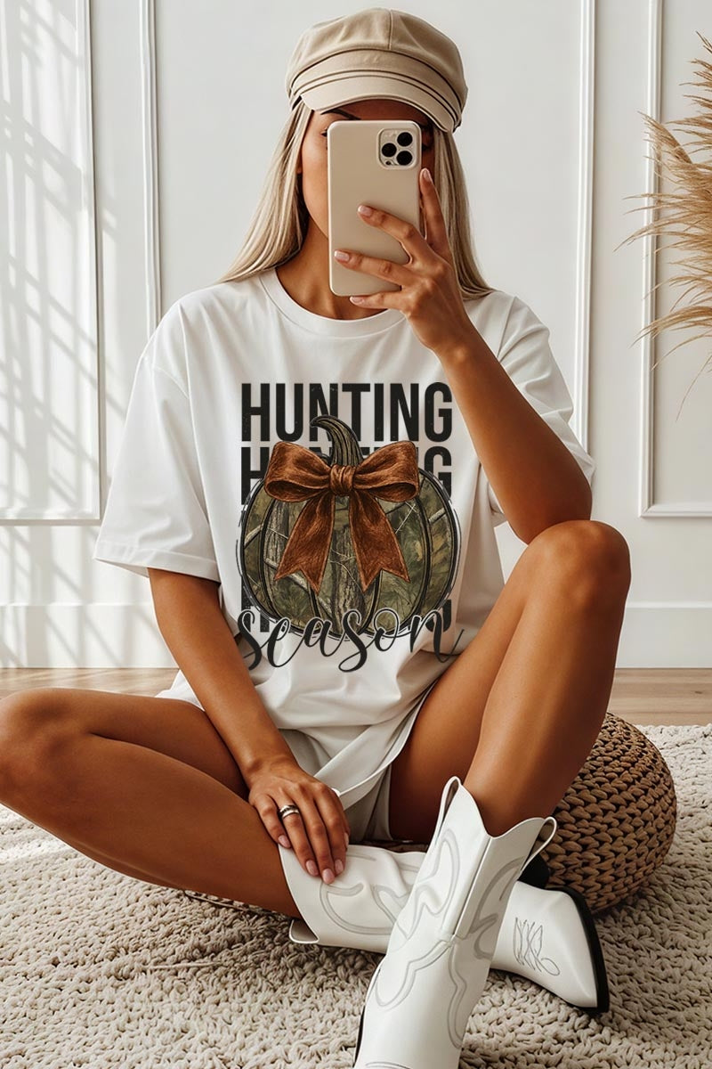 US3001-E3190 Hunting Pumpkin Bow Graphic Tee $12.5