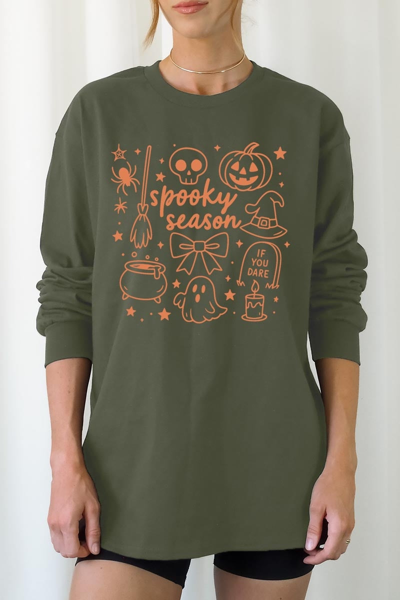 UL240-E3141 Halloween Doodle Graphic Long Sleeve Tee $13.75