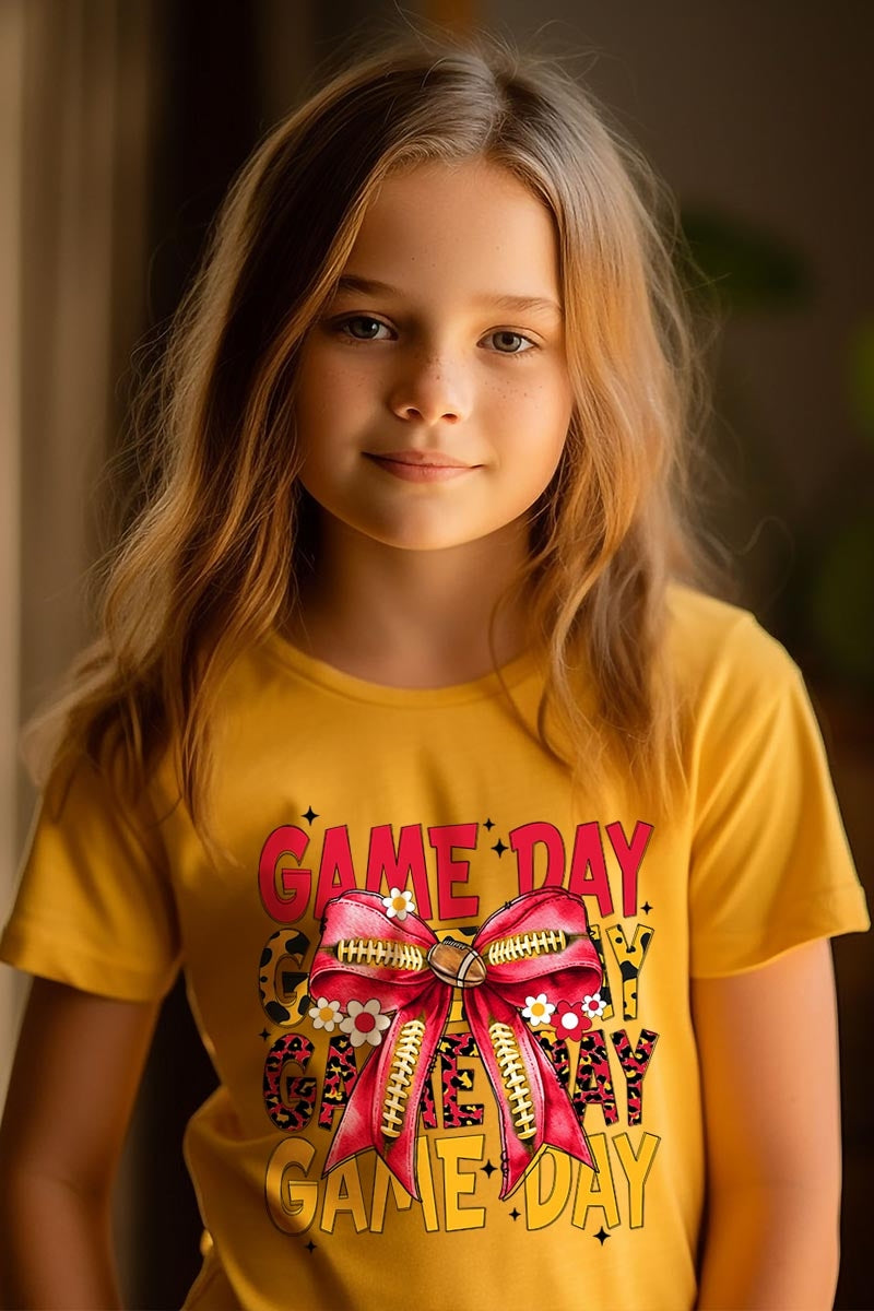 US3001Y-E3091Z Red Yellow Football Game Day Bow Kids Graphic Tee $11
