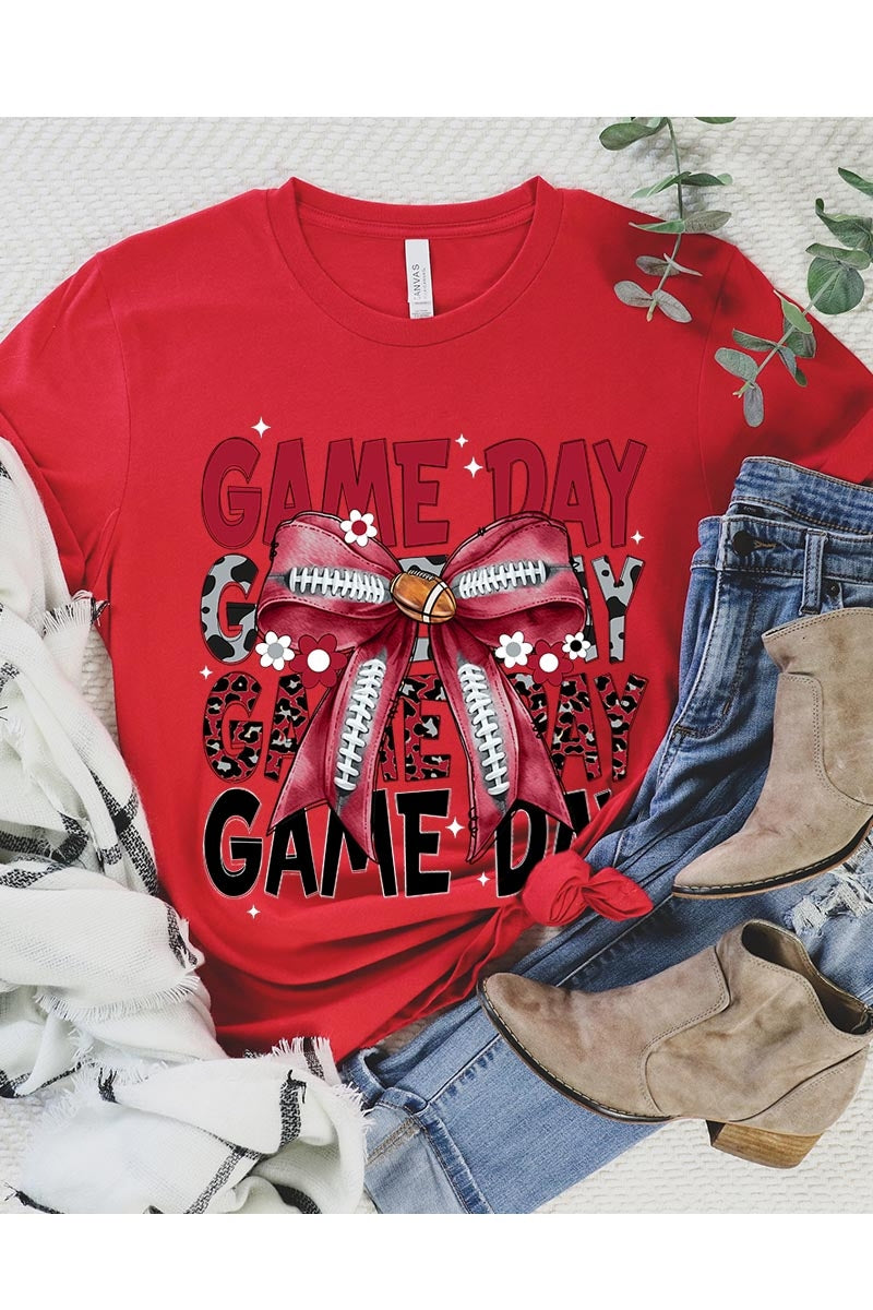US3001P-E3093 Red Silver Football Game Day Bow Graphic Plus Tee $16