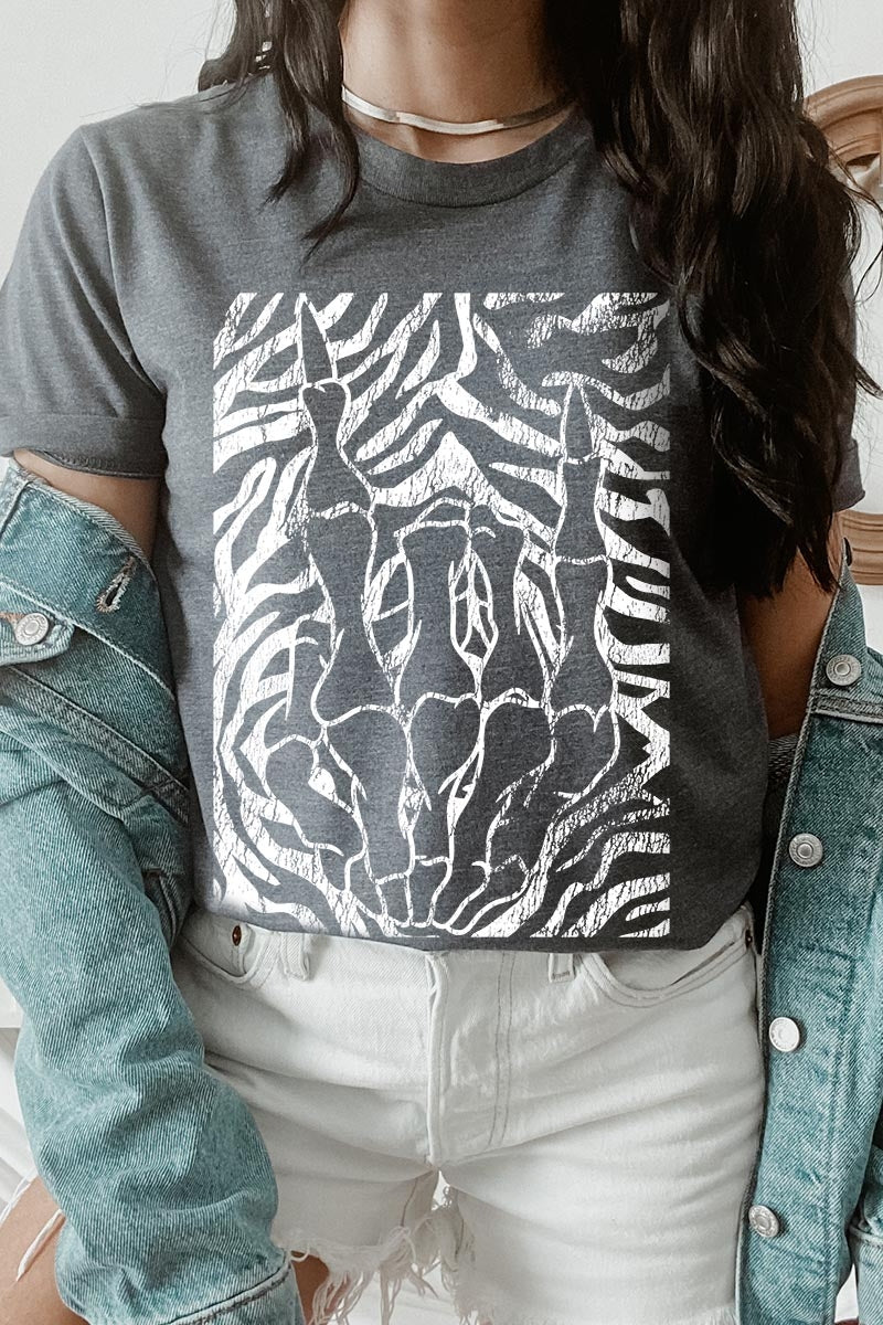US3001-E3177 Skeleton Hands Zebra Graphic Tee $12.5