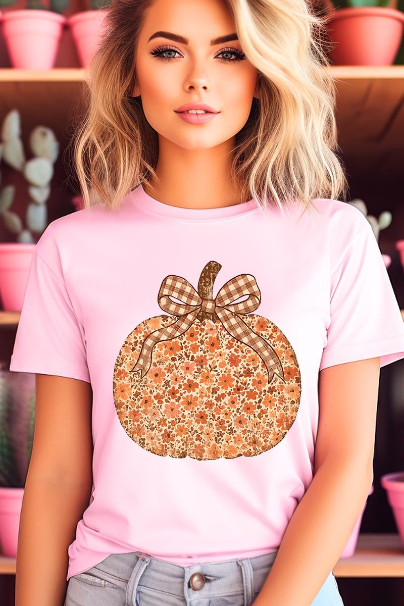 US3001P-E3135 Floral Fall Pumpkin Graphic Plus Tee $16