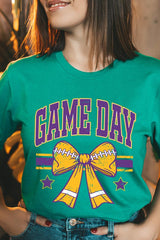 US3001-E3063 Purple Game Day Football Bow Graphic Tee $12.5