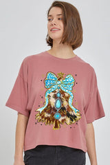 CTS-E3184 Turquoise Christmas Tree Graphic Relaxed Crop Top $11