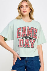 CTS-E3126 Red Gingham Game Day Graphic Relaxed Crop Top $11
