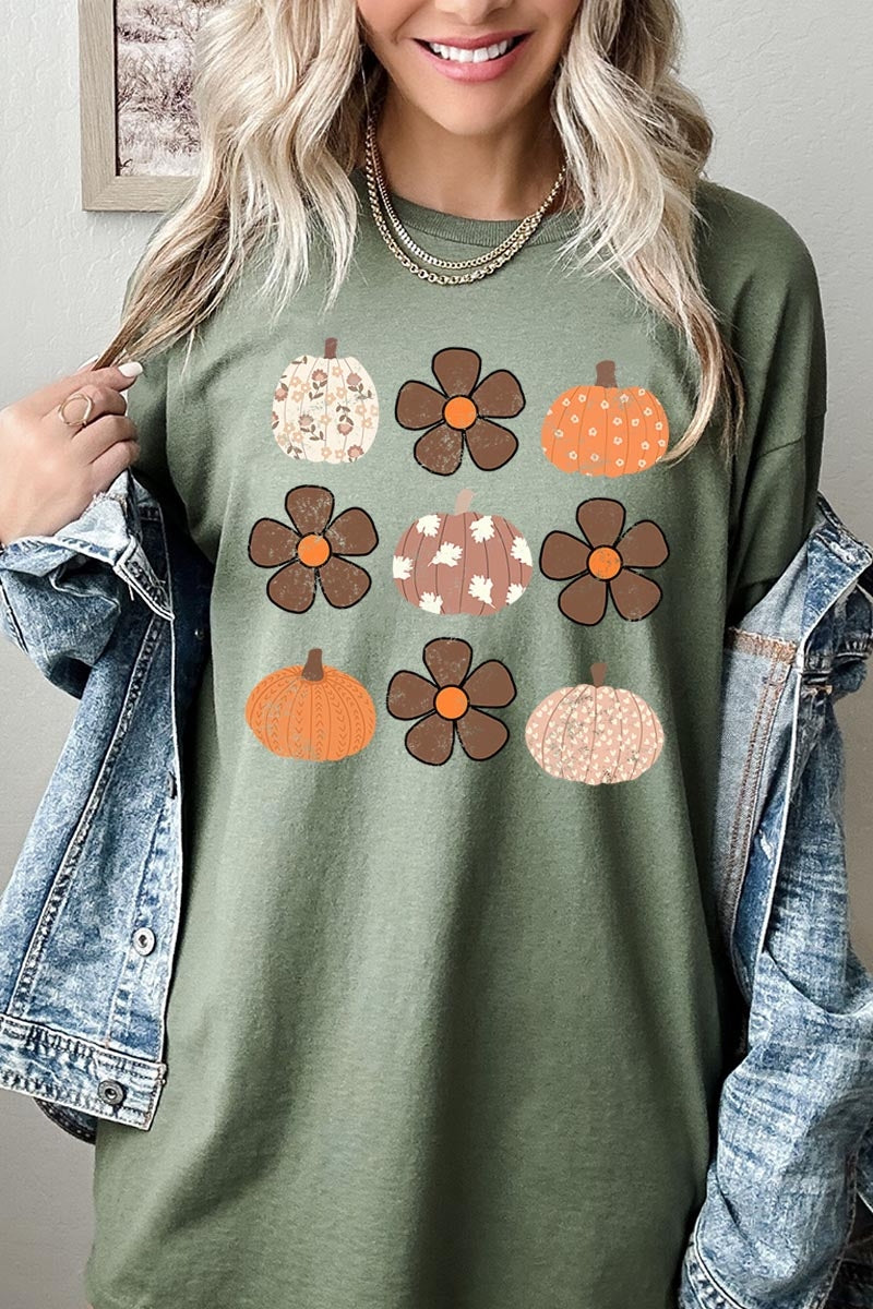 5000-E3117 Pumpkins & Flowers Fall Graphic Heavy Cotton Tee $9