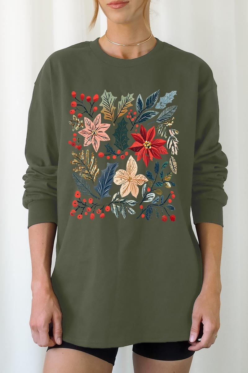 UL240P-E3186 Floral Christmas Graphic Plus Long Sleeve Tee $17