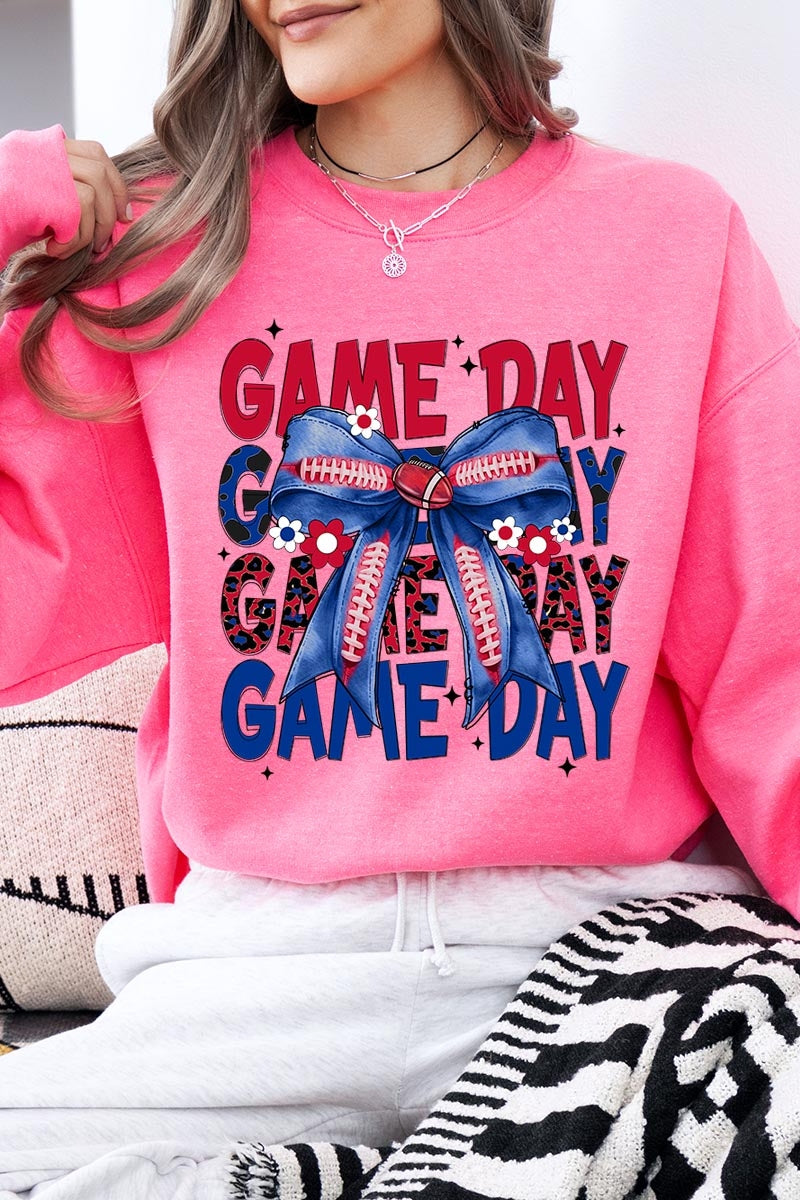 UL180-E3087 Red Blue Football Game Day Bow Graphic Sweatshirt $20