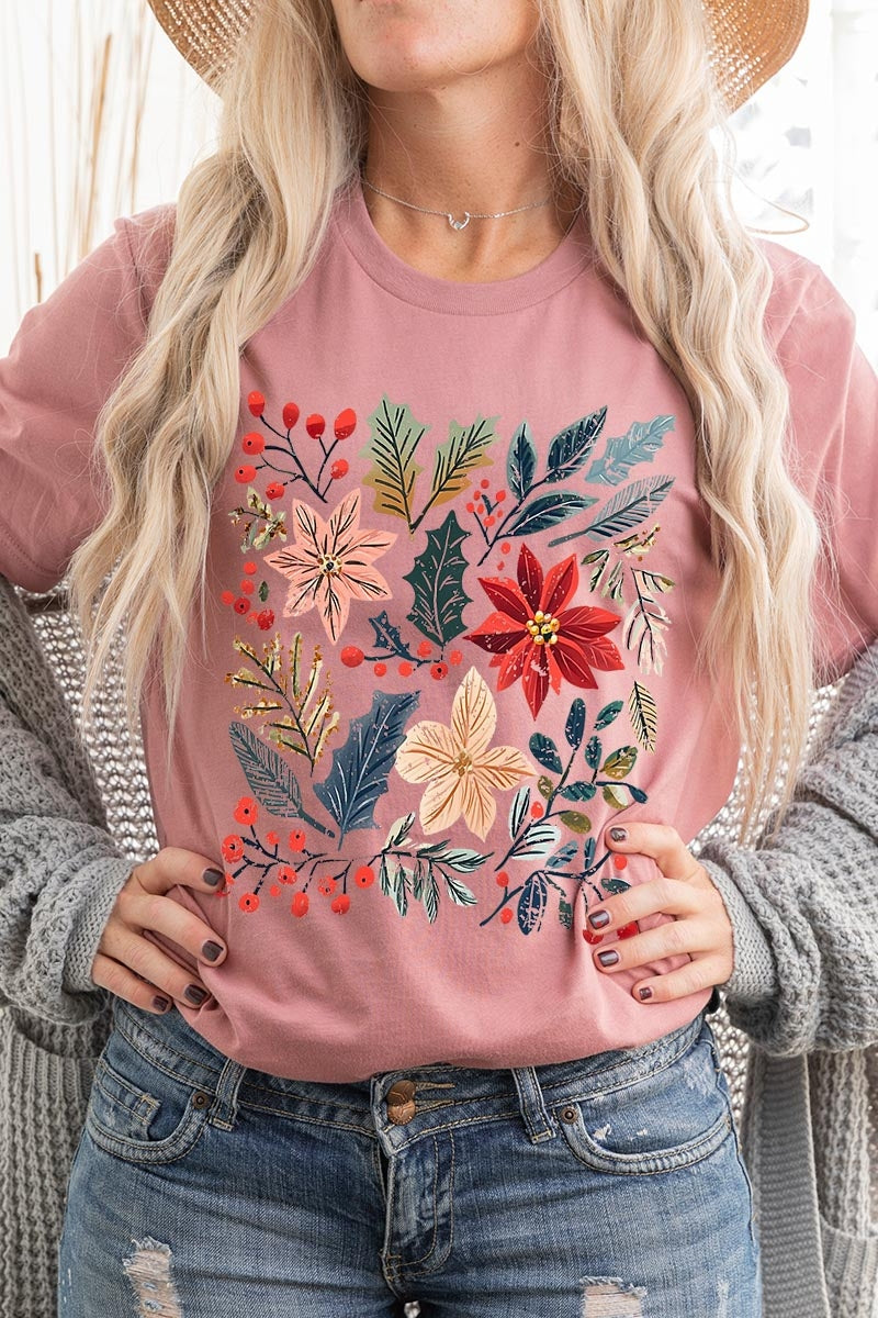 US3001-E3186 Floral Christmas Graphic Tee $12.5