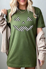 US3001-E3149 Checker Pumpkin Face Graphic Tee $12.5