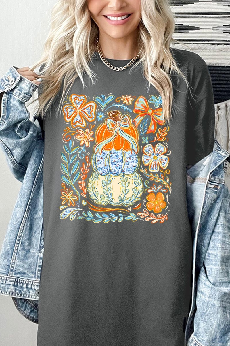 5000P-E3153 Floral Pumpkin Stack Graphic Plus Heavy Cotton Tee $12.75