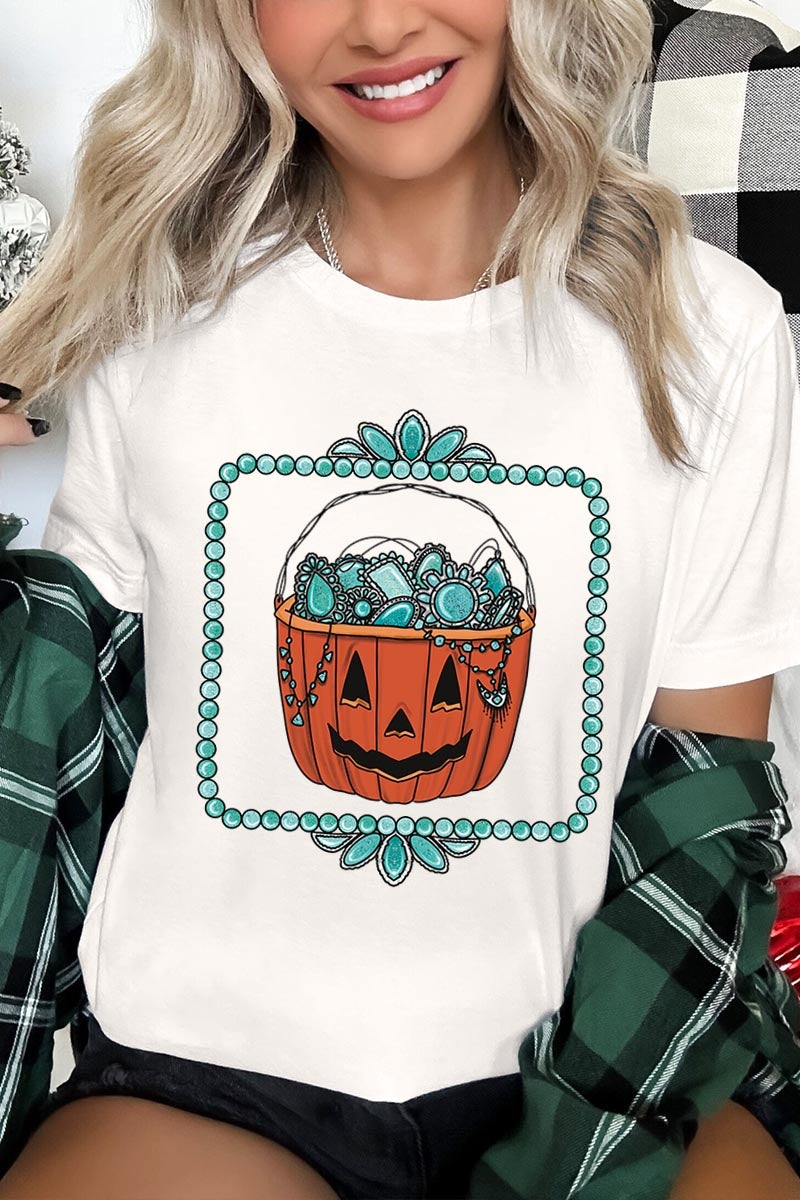 US3001-E3140 Halloween turquoise pumpkin Graphic Tee $12.5