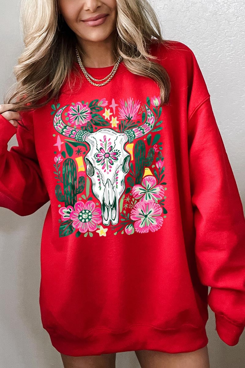 UL180P-E3086 Western Floral Cow Skull Graphic Plus Sweatshirt $25