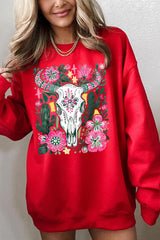 UL180P-E3086 Western Floral Cow Skull Graphic Plus Sweatshirt $25