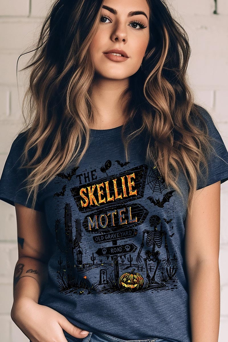 US3001P-E3108 Skellie Motel Halloween Graphic Plus Tee $16