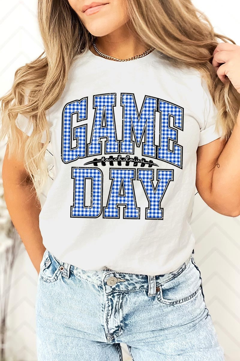 US3001-E3130 Blue Gingham Game Day Graphic Tee $12.5