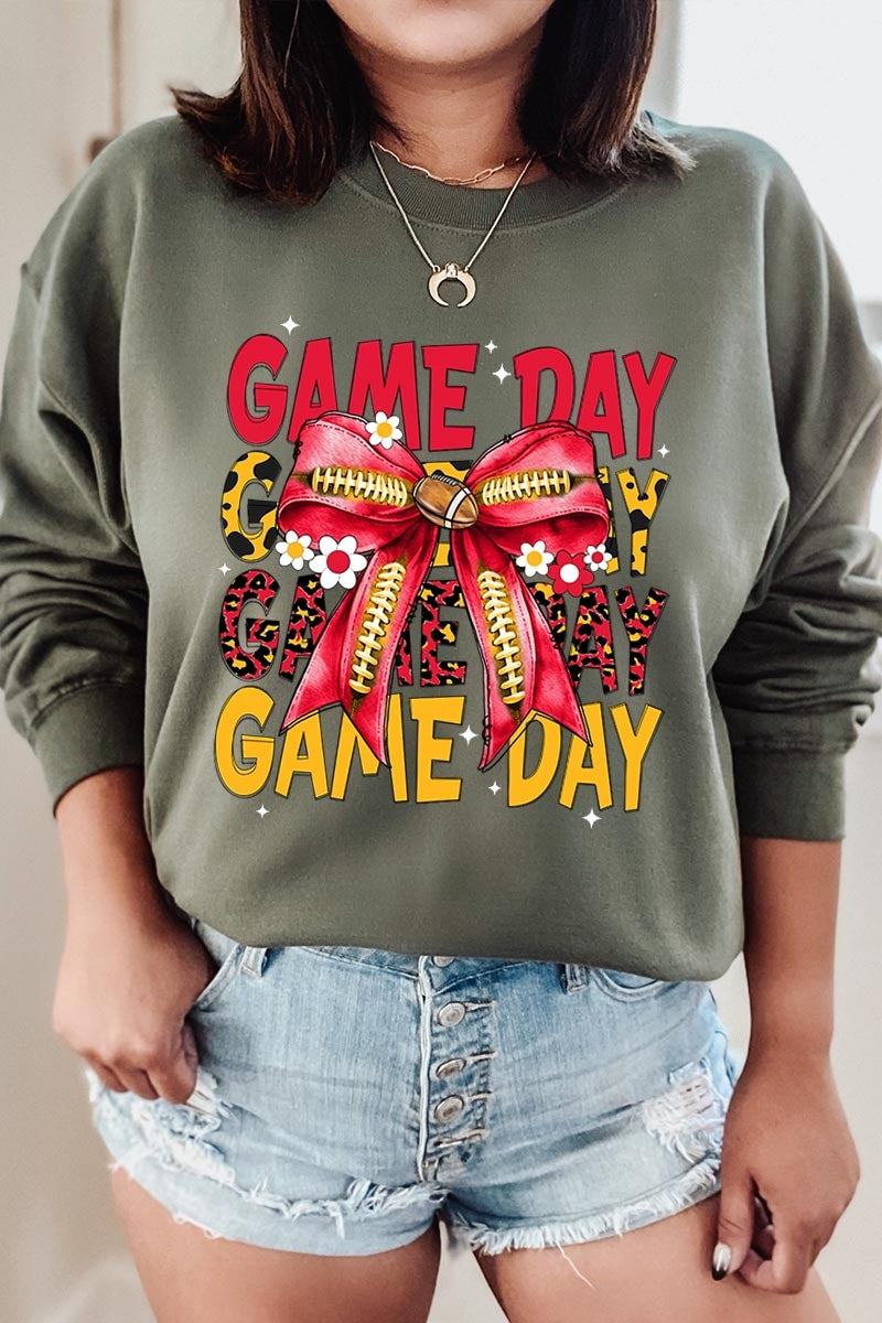 UL180P-E3091 Red Yellow Football Game Day Bow Plus Sweatshirt $25