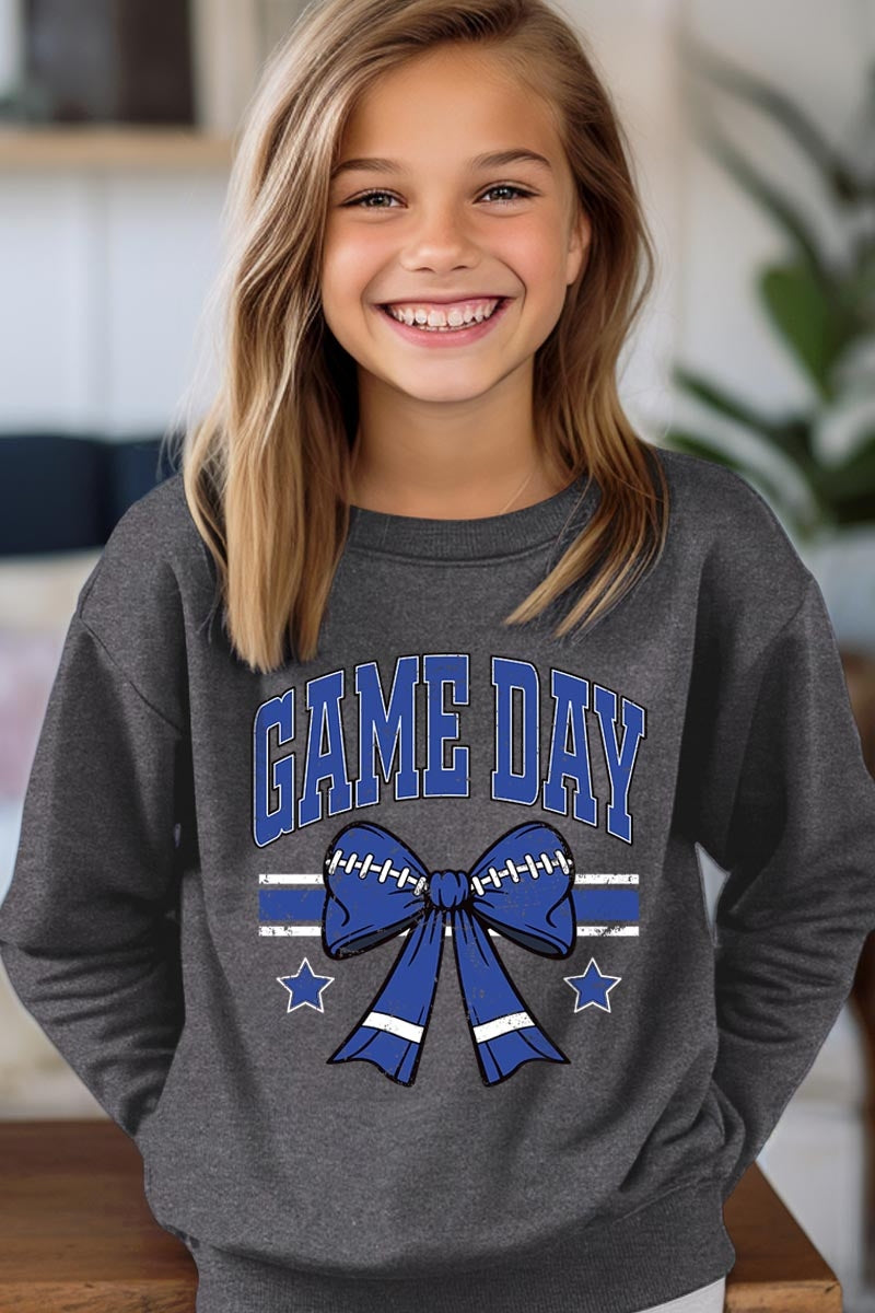 UL180B-E3065Z Blue Game Day Football Bow Kids Graphic Sweatshirt $20