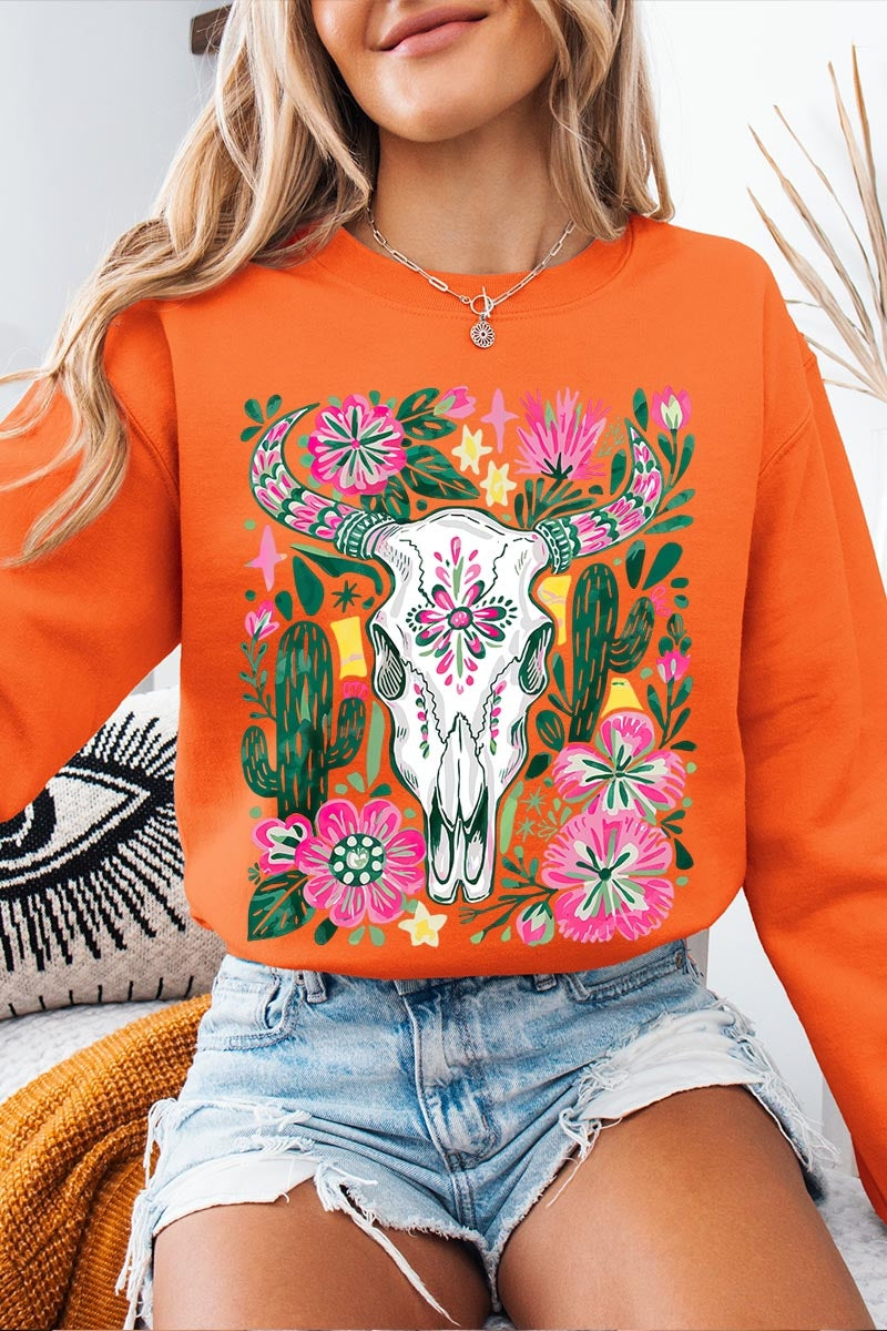 UL180-E3086 Western Floral Cow Skull Graphic Sweatshirt $20