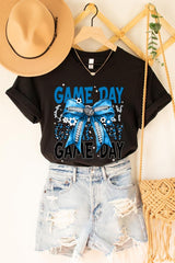 US3001P-E3089 Blue Silver Football Game Day Bow Graphic Plus Tee $16