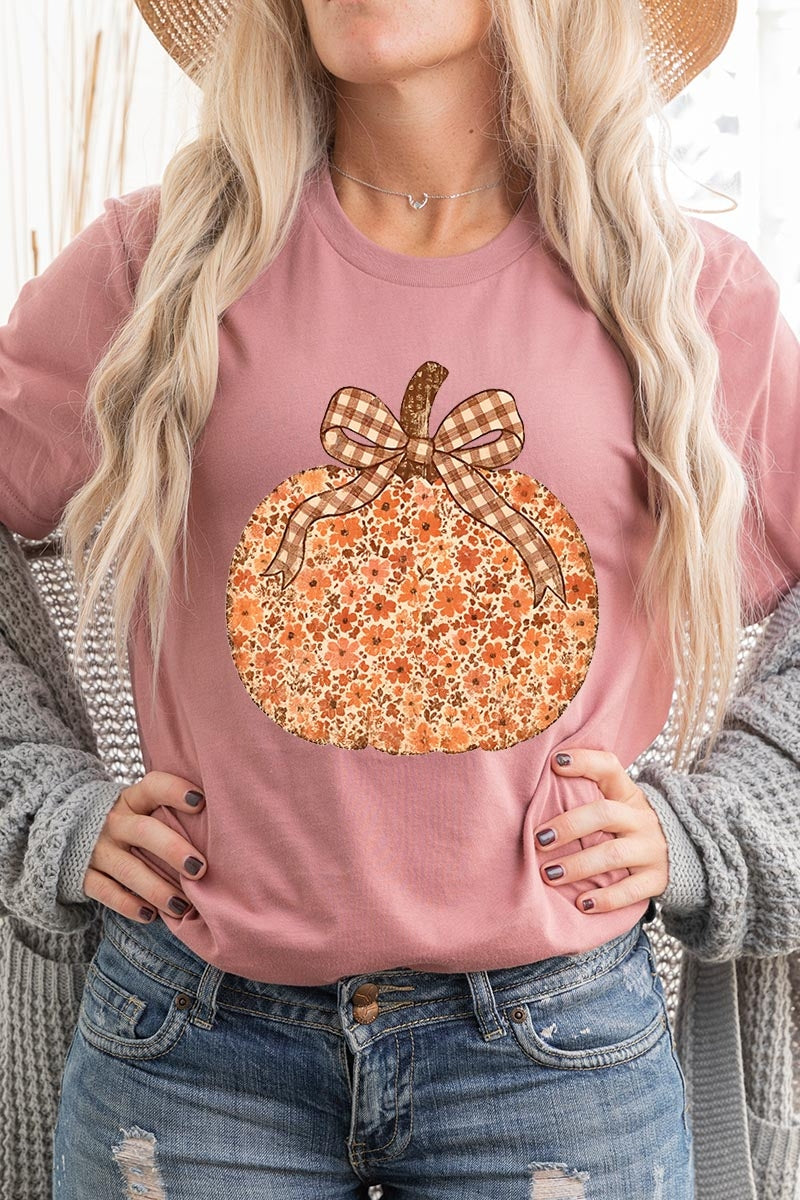 US3001-E3135 Floral Fall Pumpkin Graphic Tee $12.5