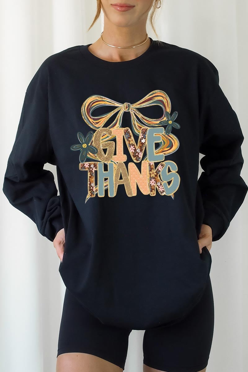 UL240-E3154 Give Thanks Bow Graphic Long Sleeve Tee $13.75