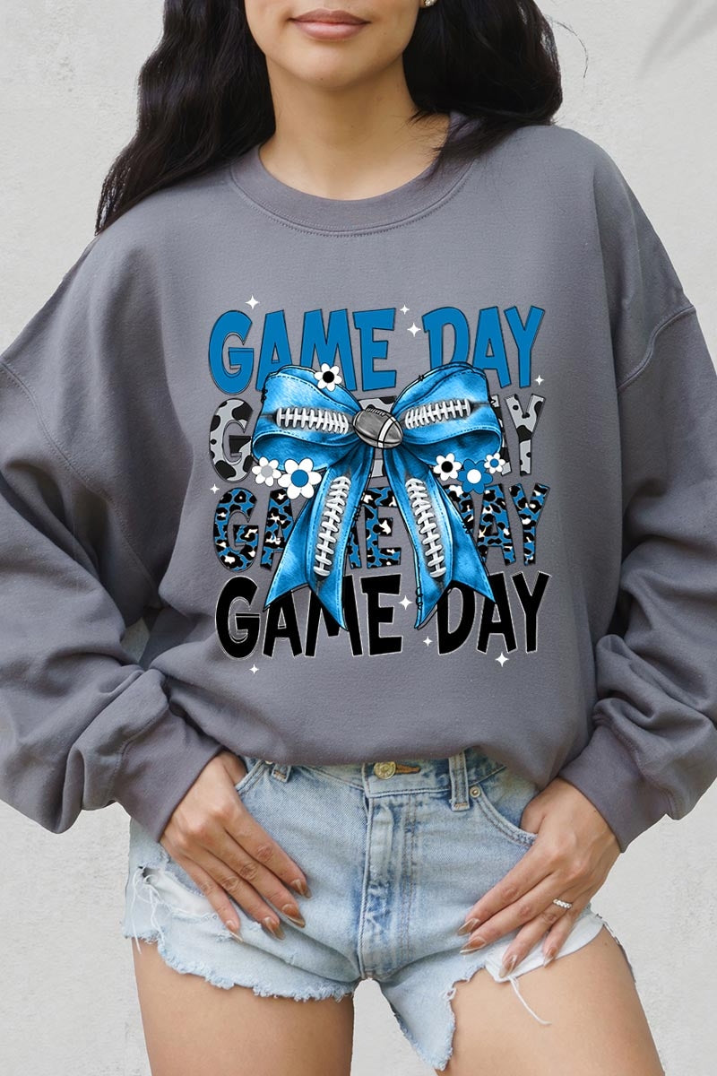 UL180P-E3089 Blue Silver Football Game Day Bow Plus Sweatshirt $25