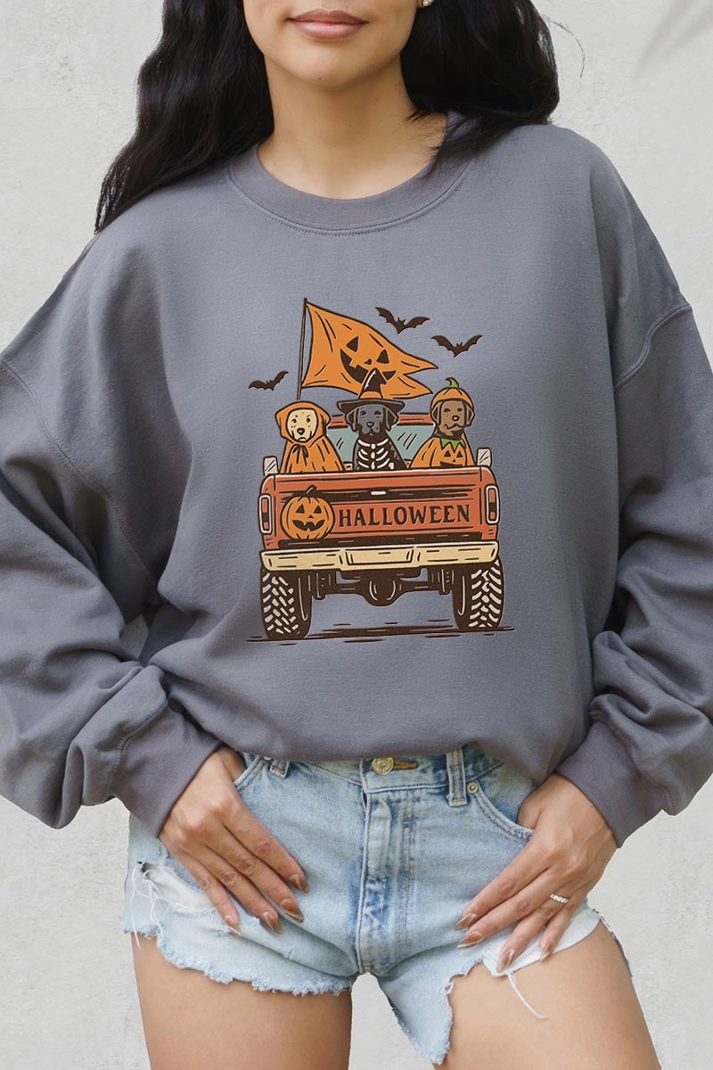 UL180P-E3150 Halloween Truck Dogs Graphic Plus Sweatshirt $25