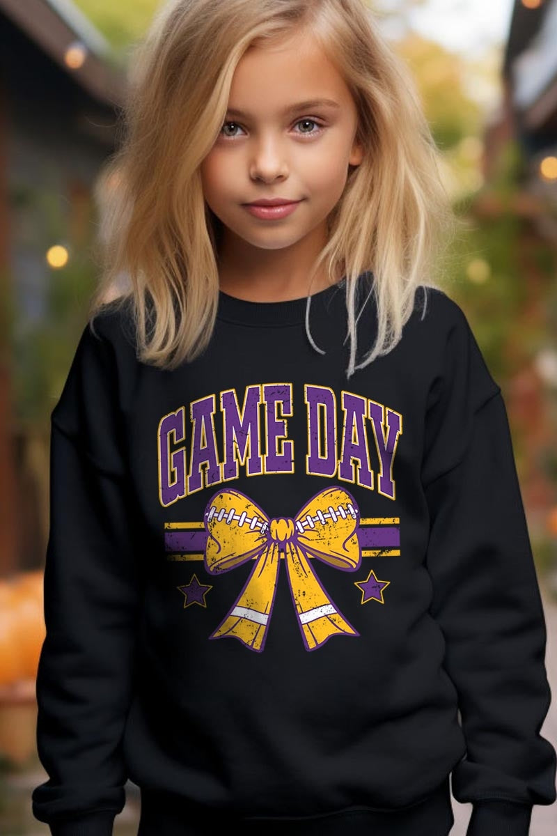 UL180B-E3063Z Purple Game Day Football Bow Kids Sweatshirt $20