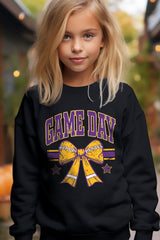 UL180B-E3063Z Purple Game Day Football Bow Kids Sweatshirt $20