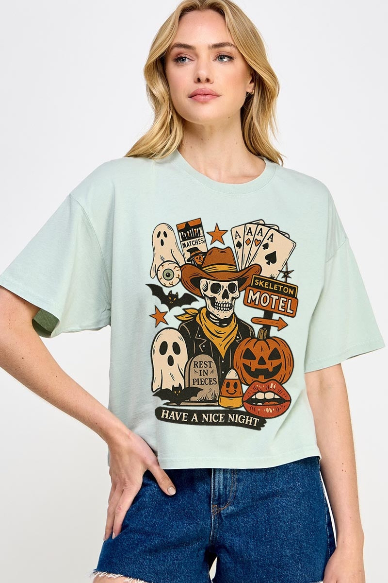 CTS-E3107 Spooky Western Skeleton Graphic Relaxed Crop Top $11