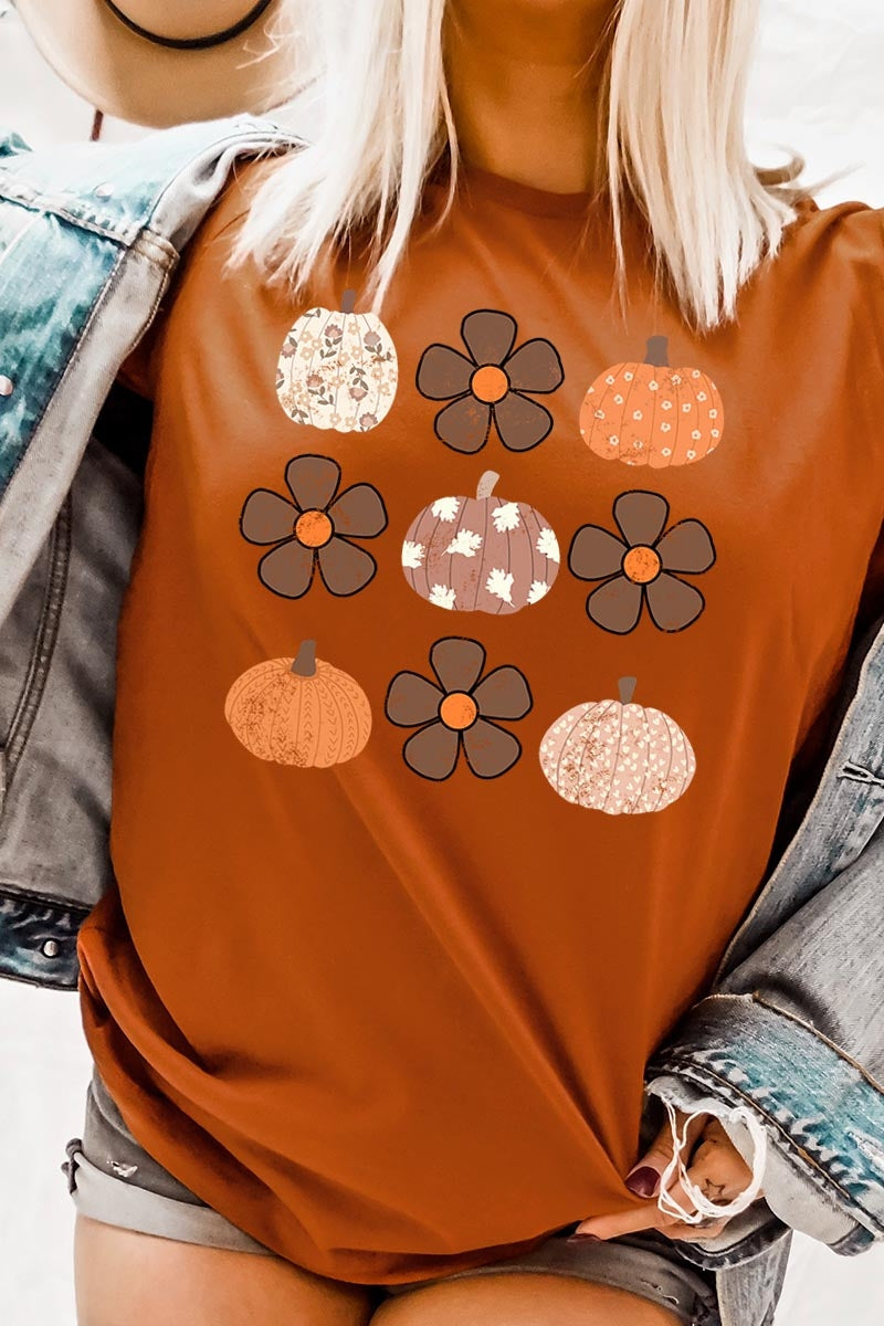 US3001P-E3117 Pumpkins & Flowers Fall Graphic Plus Tee $16